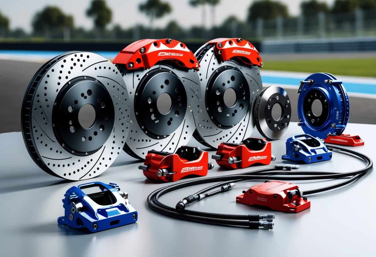 A detailed illustration of various brake components including rotors, calipers, and brake pads arranged together with a racetrack and city street blurred in the background.
