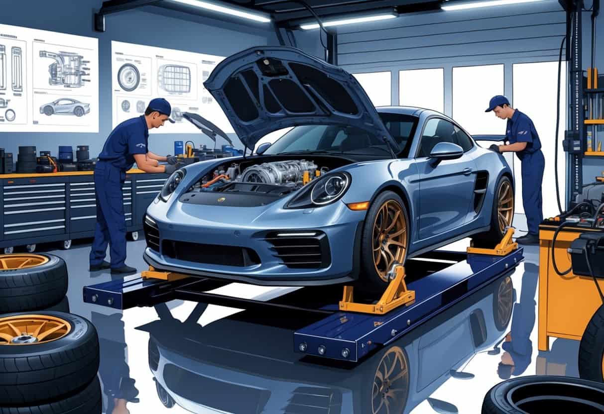 A sports car on a lift in a workshop with mechanics working on its engine surrounded by tools and car parts.
