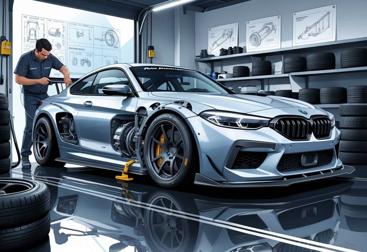 A car being modified in a garage with mechanics installing performance parts and upgrades for track and daily driving.