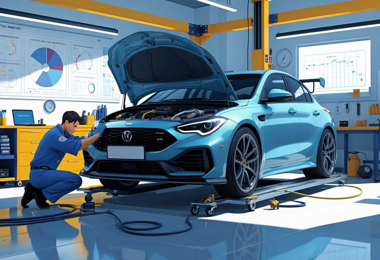 A mechanic adjusting a turbocharger on a modern car in a clean garage with tools and diagnostic equipment nearby.