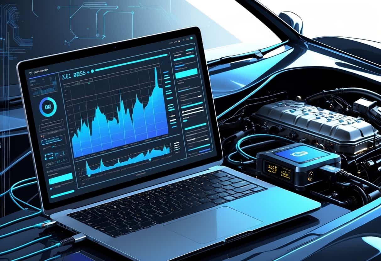 A laptop connected to an OBD device attached to a car engine, showing automotive tuning and diagnostic equipment.