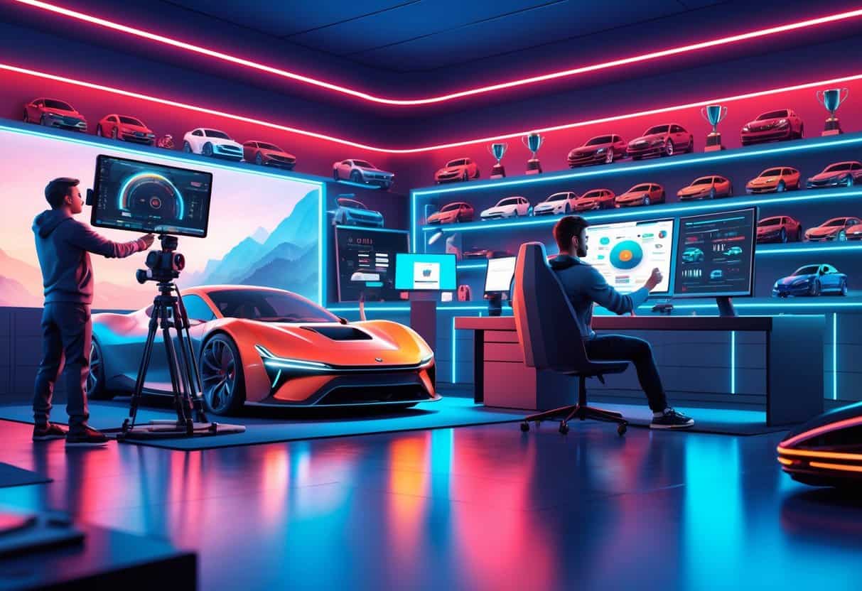 Three content creators in a modern studio surrounded by futuristic cars, cameras, and digital displays, preparing automotive videos.