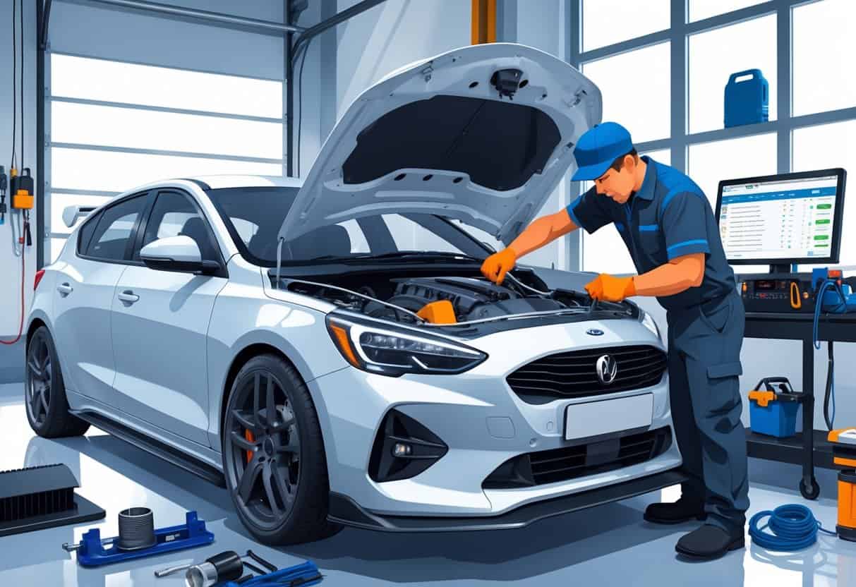 A mechanic installing bolt-on parts on a car engine in a garage with diagnostic equipment showing clean emissions readings.