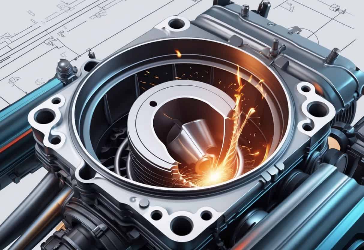Close-up view of an engine cylinder showing a piston with visual indicators of knocking or detonation inside the combustion chamber.