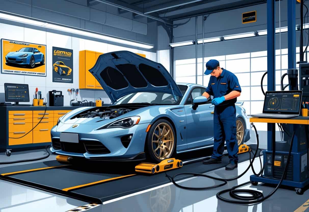 A mechanic preparing a sports car on a dynamometer in a workshop, checking the engine with diagnostic tools nearby.