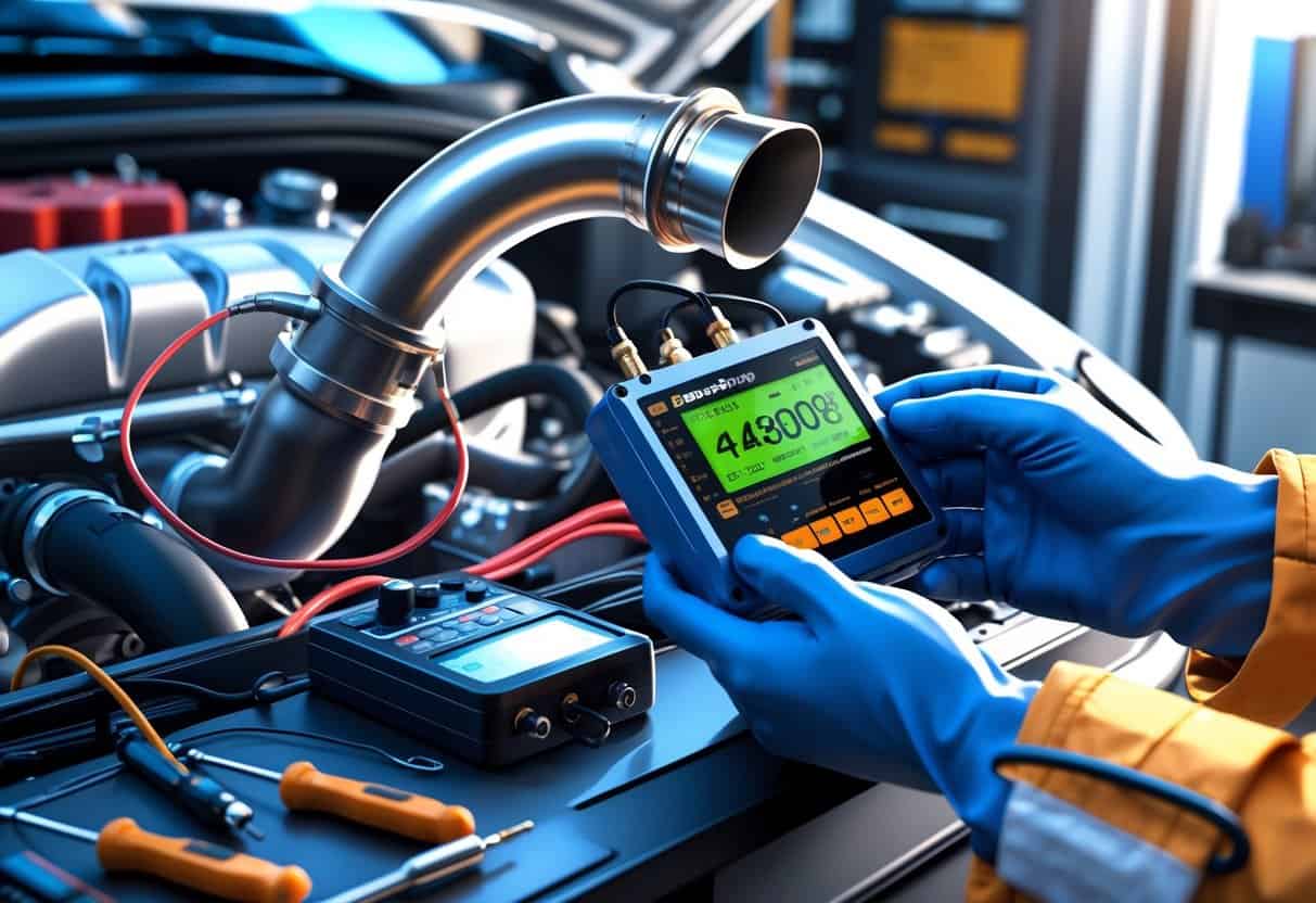 Technician calibrating a wideband air-fuel ratio sensor connected to an engine exhaust pipe using a digital device in an automotive workshop.