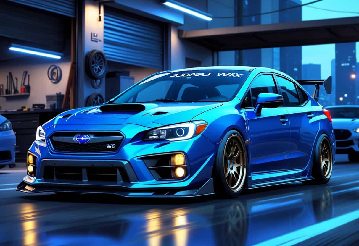 A 2025 Subaru WRX with visible aftermarket car modifications parked in an urban setting near a tuning garage.