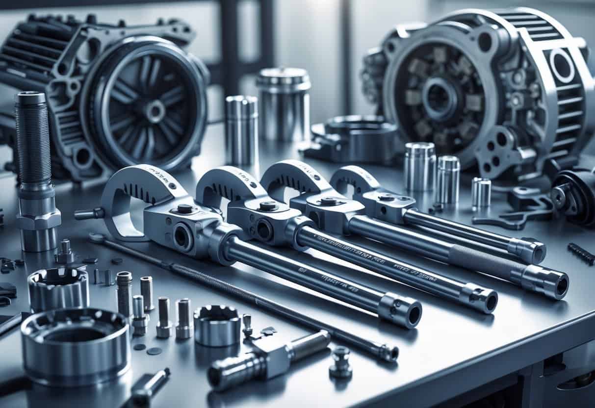 A workbench displaying various torque wrenches and engine parts arranged for automotive engine maintenance.