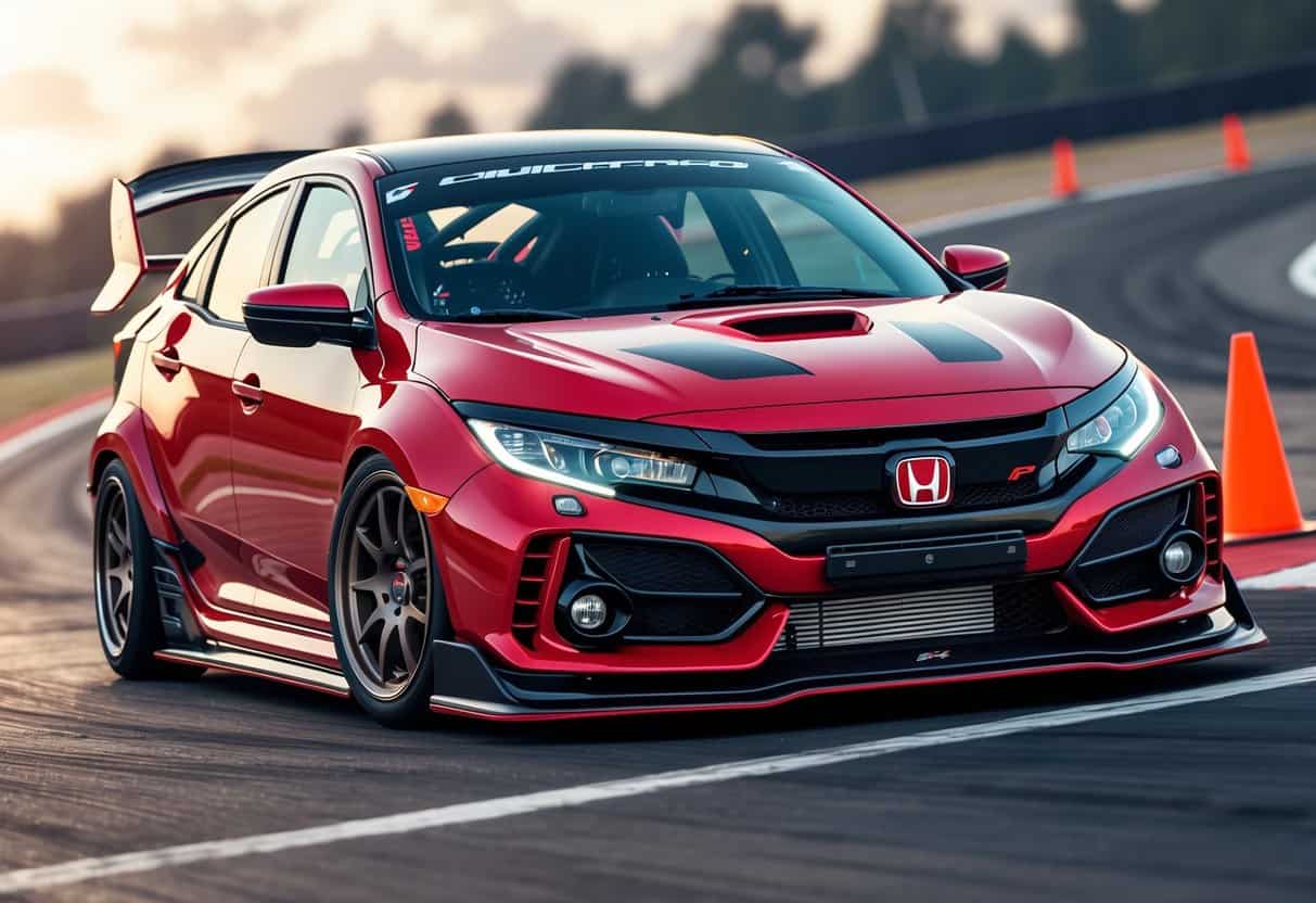 A red Honda Civic Type R on an autocross track with visible performance modifications like a large rear wing, lowered suspension, and wide tires.