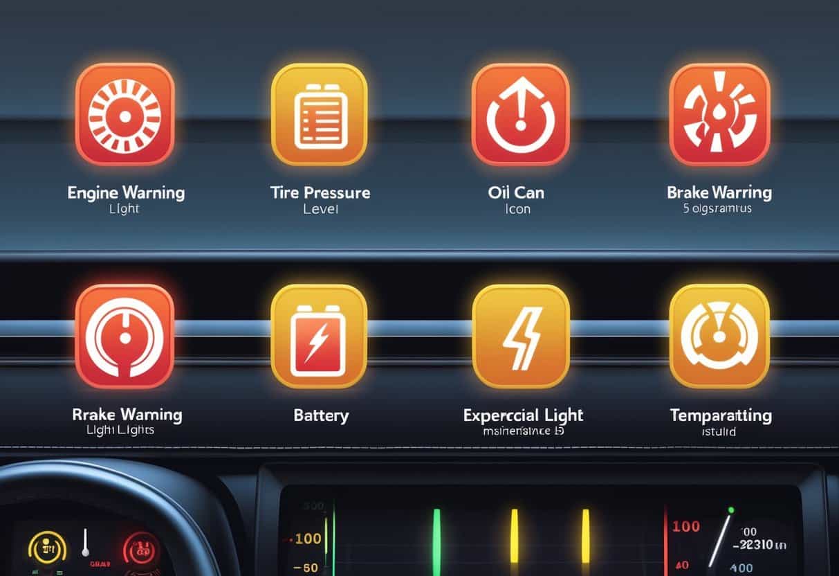 A car dashboard showing six warning icons indicating engine, tire pressure, oil, battery, brakes, and temperature issues.