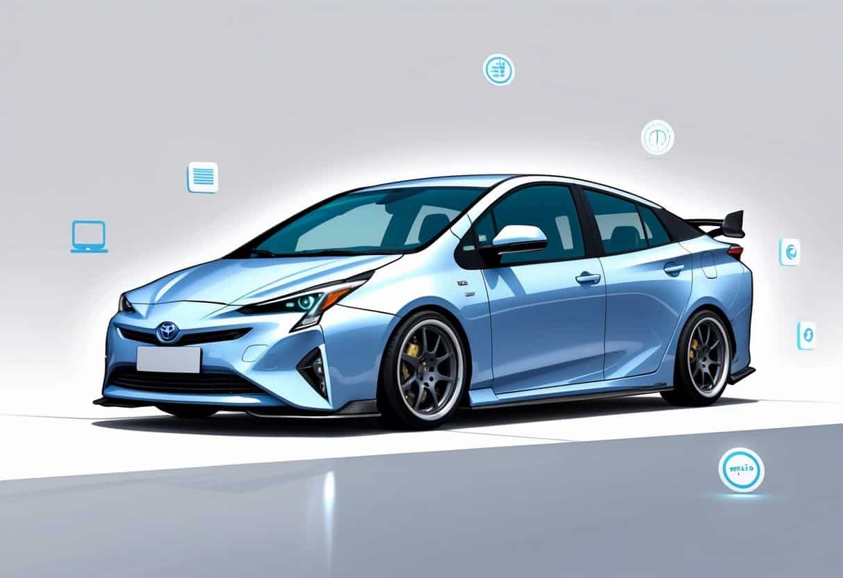 A Toyota Prius with various popular modifications including alloy wheels, lowered suspension, rear spoiler, tinted windows, and LED headlights.