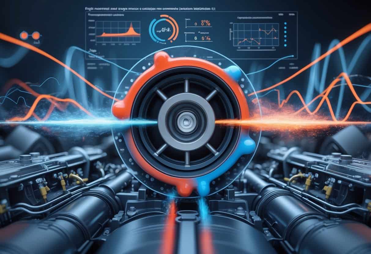 Cross-sectional view of an engine cylinder showing air and fuel entering and mixing inside, with graphical elements illustrating the optimization of the air-fuel ratio and combustion process.