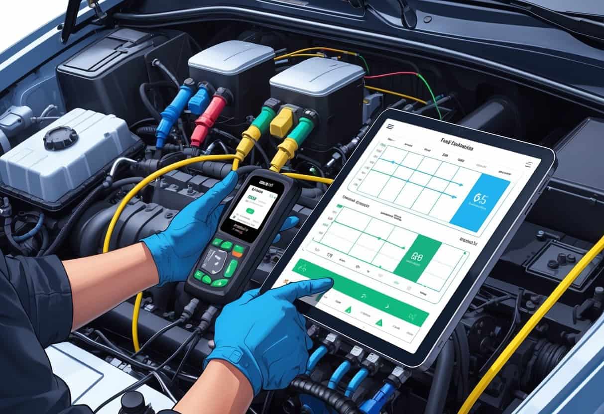 A technician tuning a car's dual fuel system with gas and methanol or E85, showing the engine, fuel tanks, fuel lines, and a digital tuning device connected to the engine control unit.