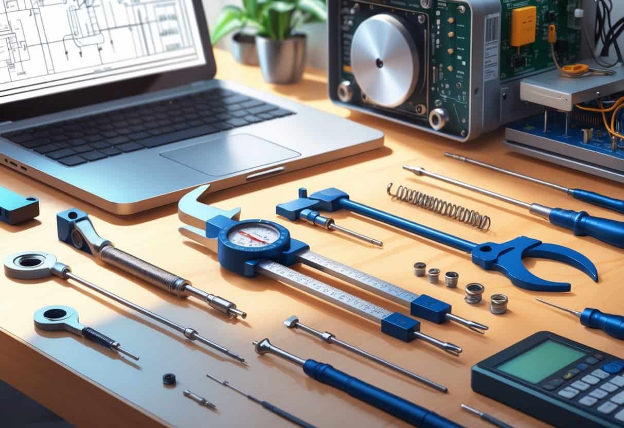 A workspace with various tuning and adjustment tools neatly arranged on a wooden bench, including screwdrivers, calipers, tuning forks, and small mechanical parts, with a partially disassembled device and laptop in the background.