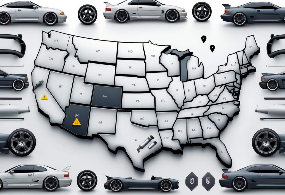 Map of the United States surrounded by car modification parts, with different states shaded and marked to show varying legal statuses.