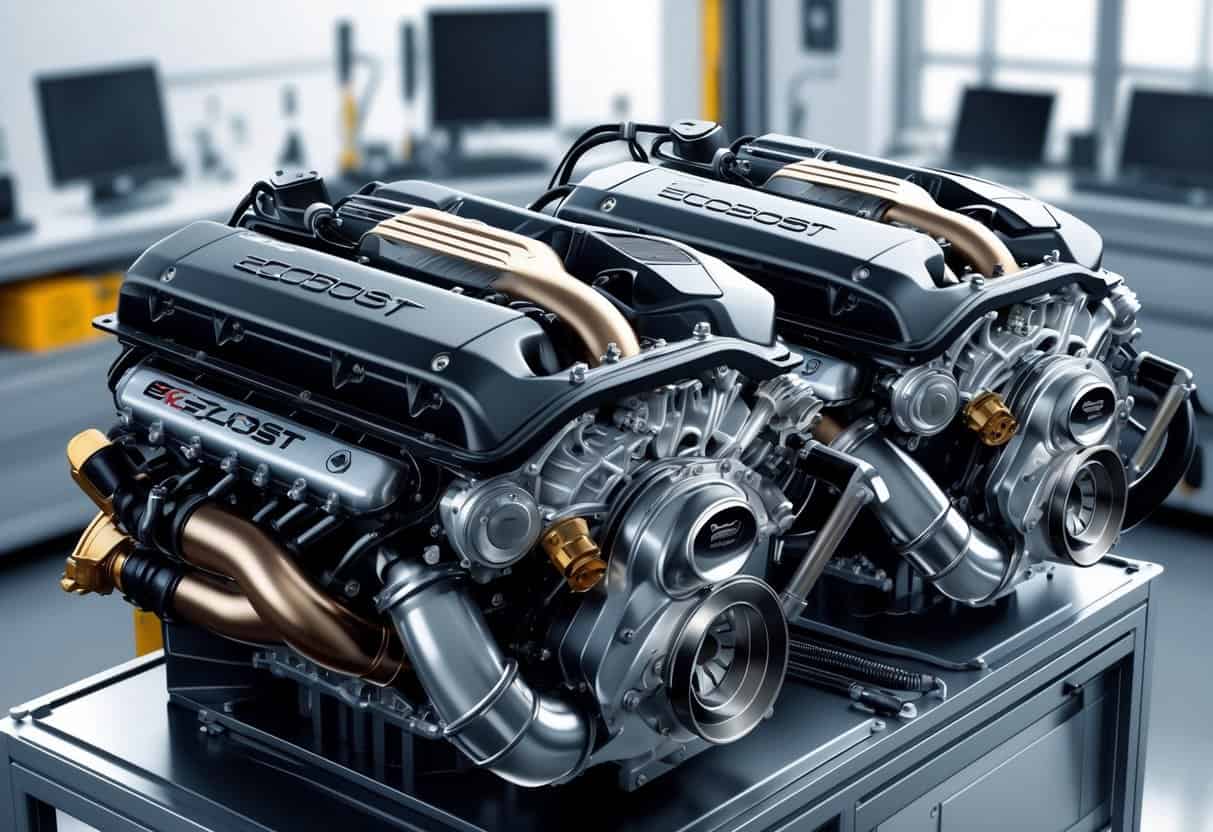 Close-up of two Ford EcoBoost engines with visible turbochargers and performance parts in a workshop setting.