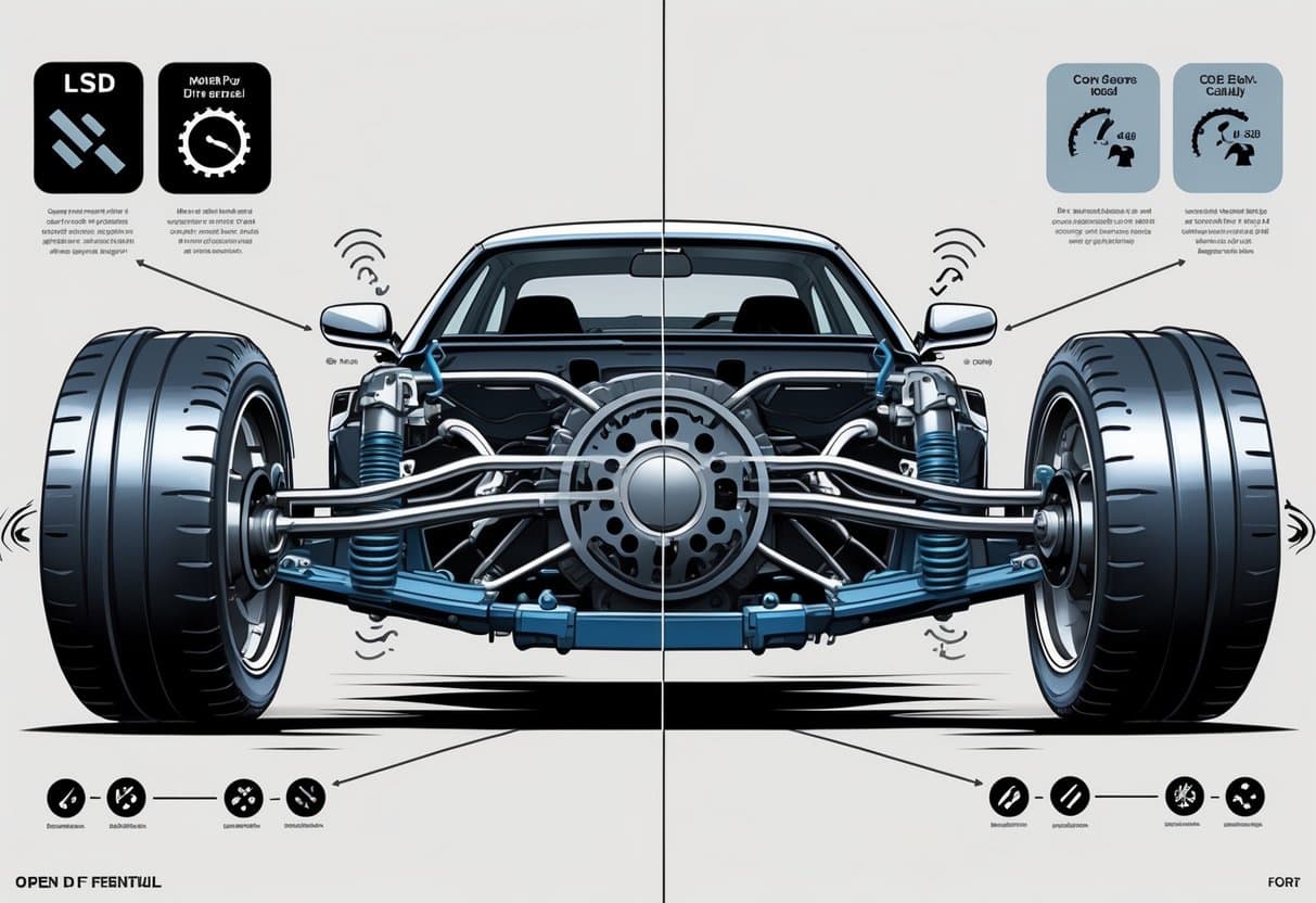 A side-by-side illustration showing two car differentials: a limited slip differential on the left distributing power evenly to both wheels, and an open differential on the right sending power mainly to one wheel. Arrows indicate torque flow and traction differences.