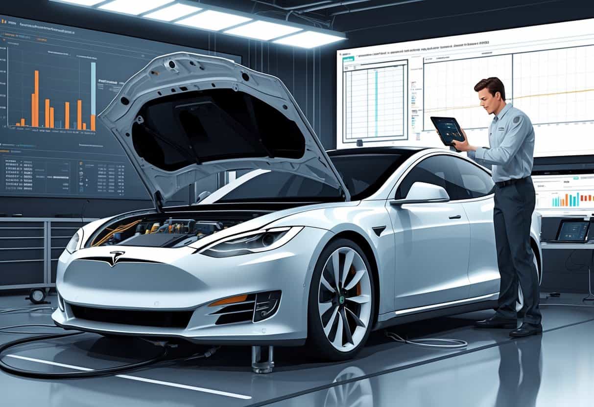 A Tesla car in a workshop with its hood open and a technician using a tablet to tune the vehicle's electric components.