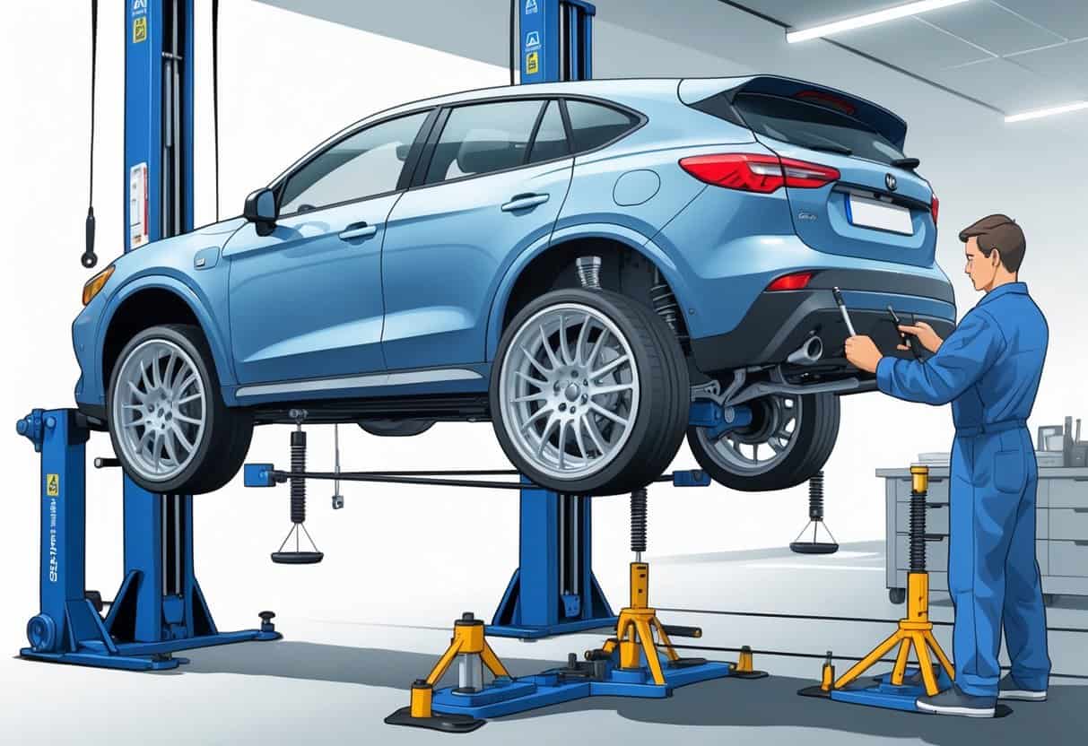 A car on adjustable suspension stands with a technician adjusting the suspension to balance the wheels for better grip.