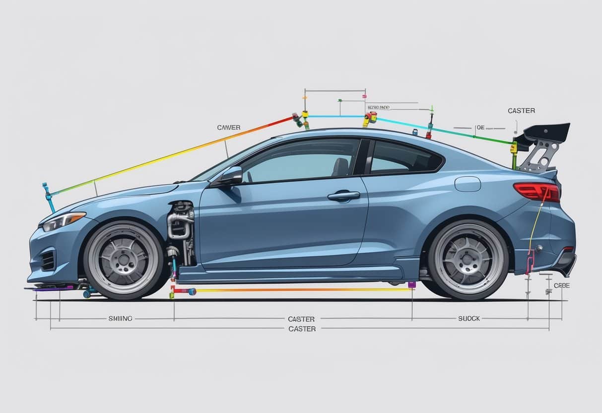 Side view of a lowered car showing its suspension components and angles with highlighted lines indicating changes in geometry.