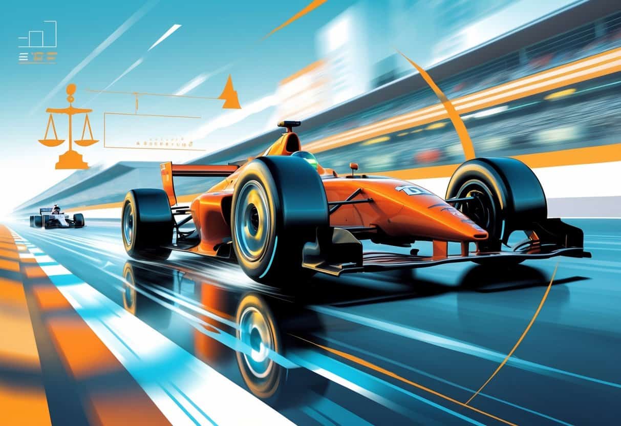 A race car speeding on a track with one heavy-looking wheel and one lighter, stronger wheel highlighted, showing the impact of wheel weight and strength on lap times.