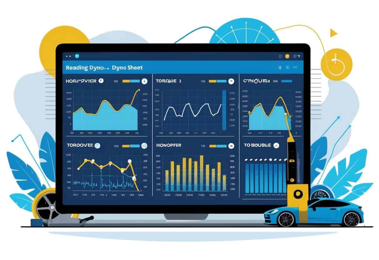 An illustration showing a dyno sheet with graphs and data alongside automotive tools and a car silhouette.