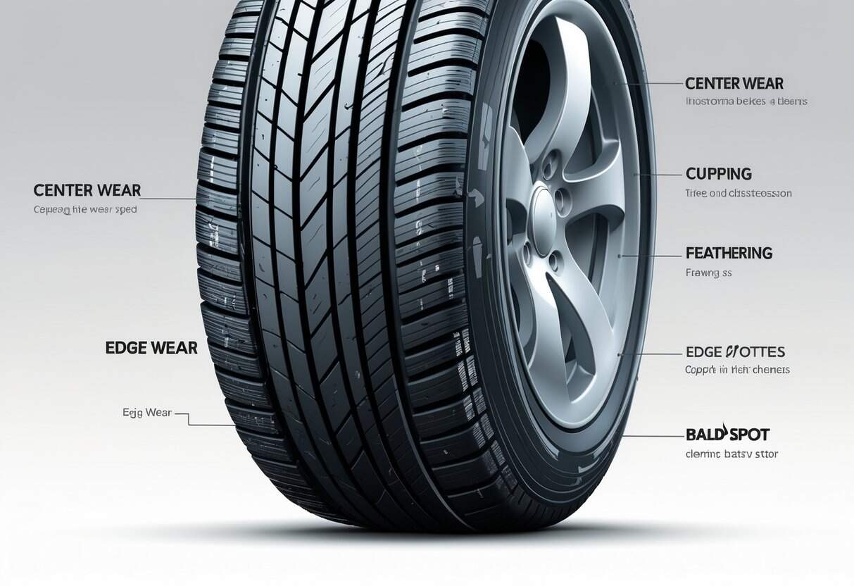 Close-up illustration of a car tire showing different types of tire wear patterns on the tread.