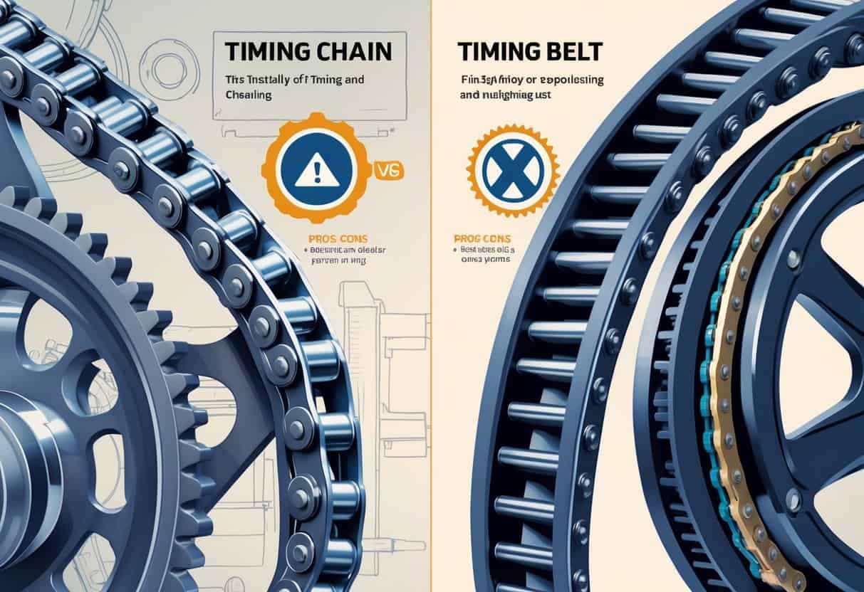 Side-by-side comparison of a metal timing chain and a rubber timing belt with gears, showing their different materials and mechanical functions.