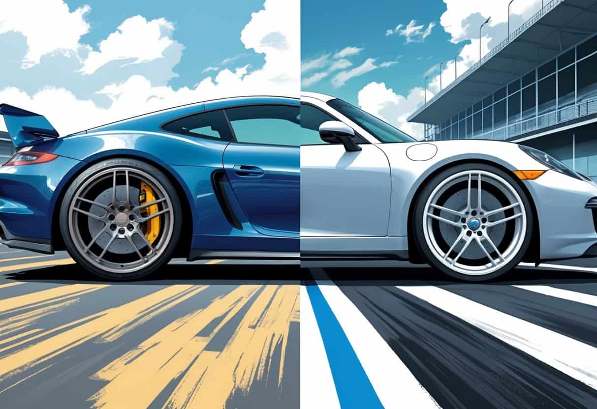 Two cars side by side, one with larger rear tires and smaller front tires on a racetrack, the other with equal-sized tires on a city street.