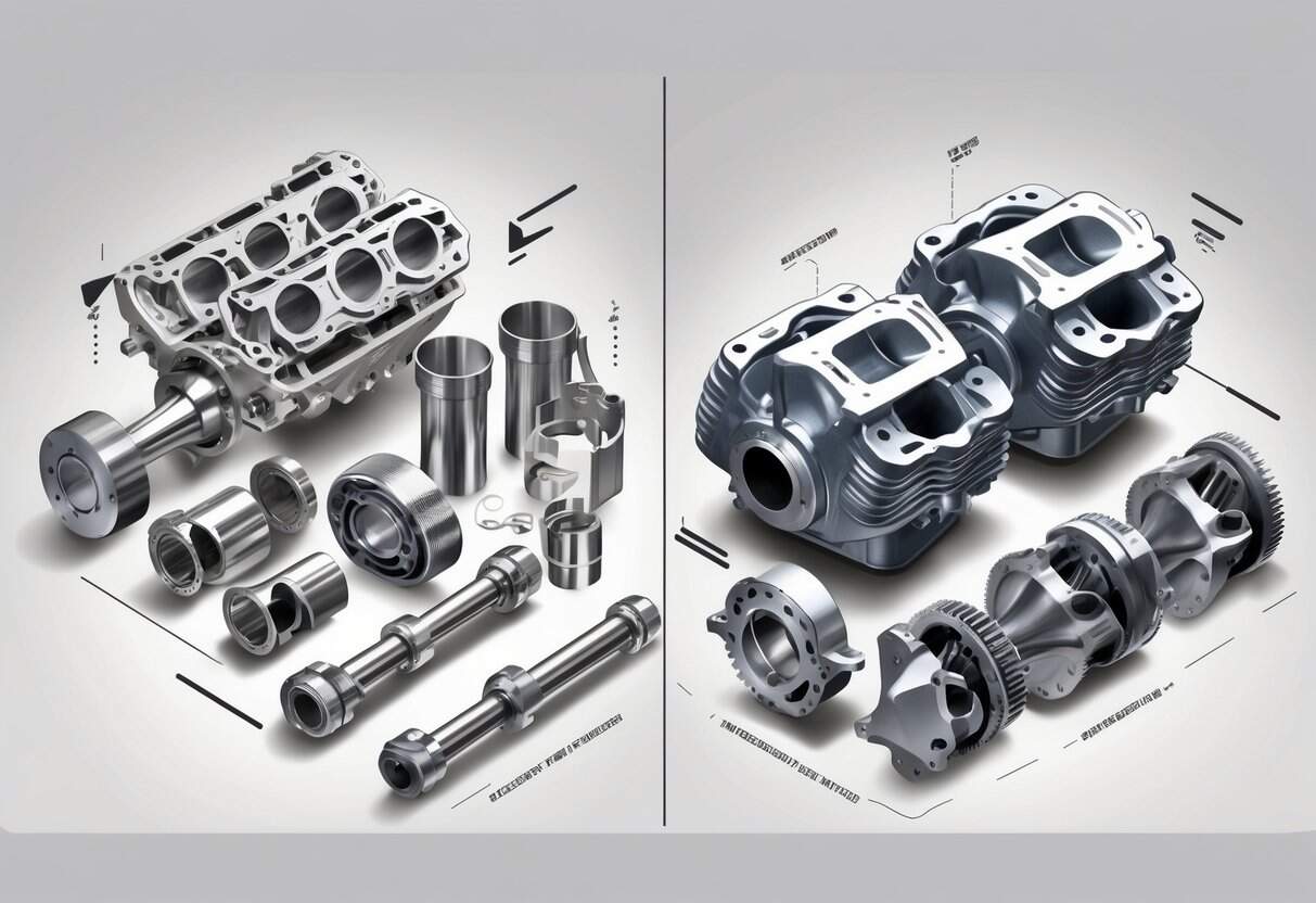 A side-by-side comparison of polished forged engine parts and rougher cast engine parts highlighting their differences.