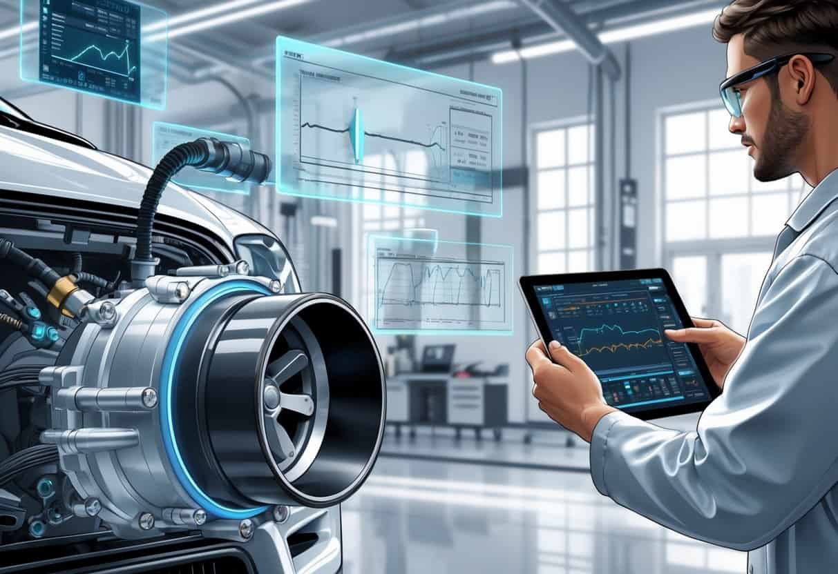 An engineer adjusting a digital tablet while examining an electronic throttle control system with wiring and sensors in a high-tech automotive workshop.