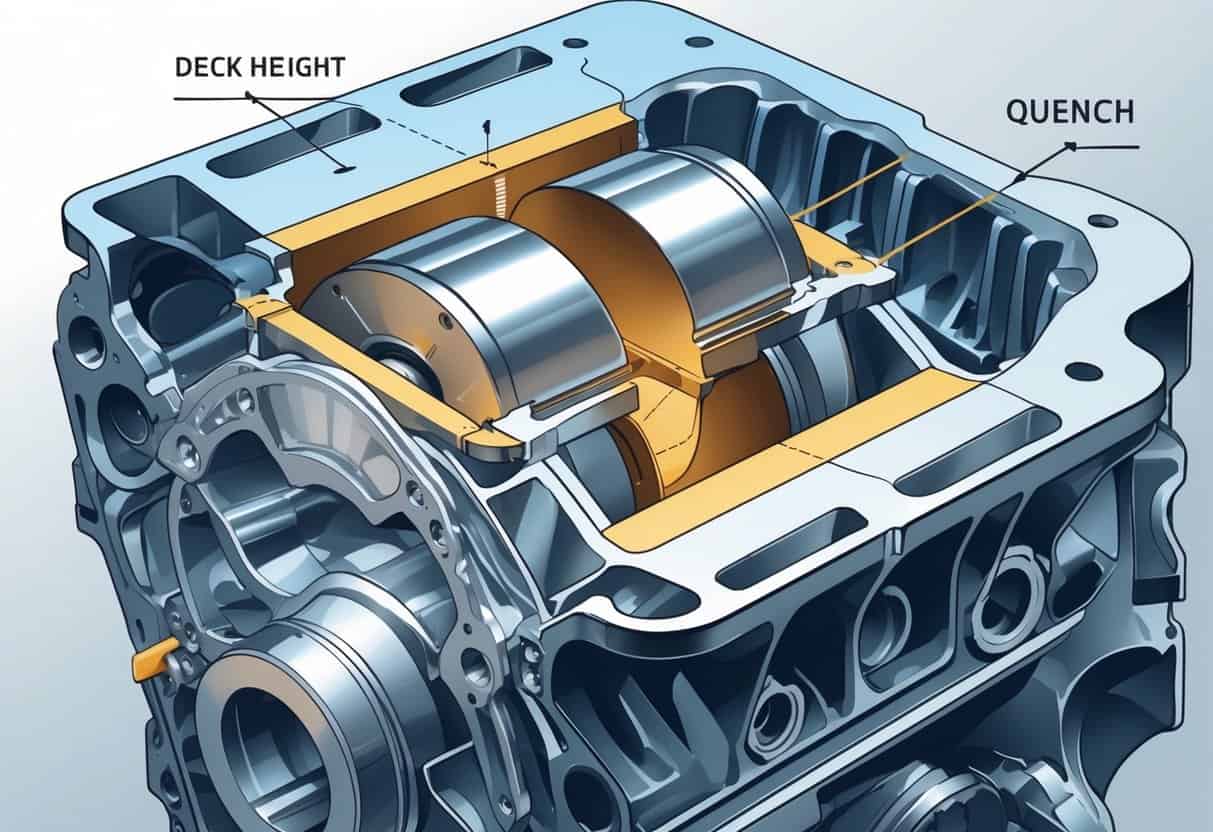Cross-sectional view of an engine cylinder showing the piston near the top with highlighted areas indicating the deck height and quench zones.