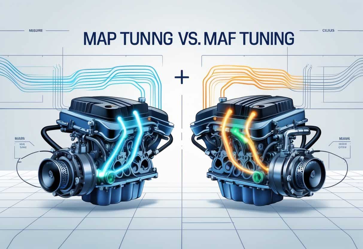 Illustration showing two engine control units connected to different sensors beside a central engine, representing MAP tuning on one side and MAF tuning on the other.