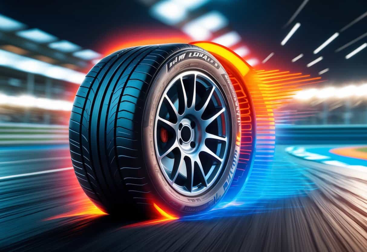 A car tire on a racetrack with glowing heat effects showing temperature changes around the tire.