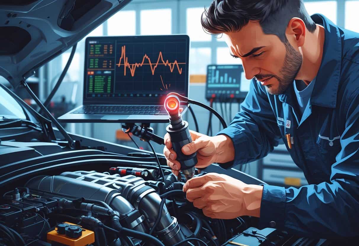 A mechanic working on a car engine with a malfunctioning wideband oxygen sensor and diagnostic tools in a garage.