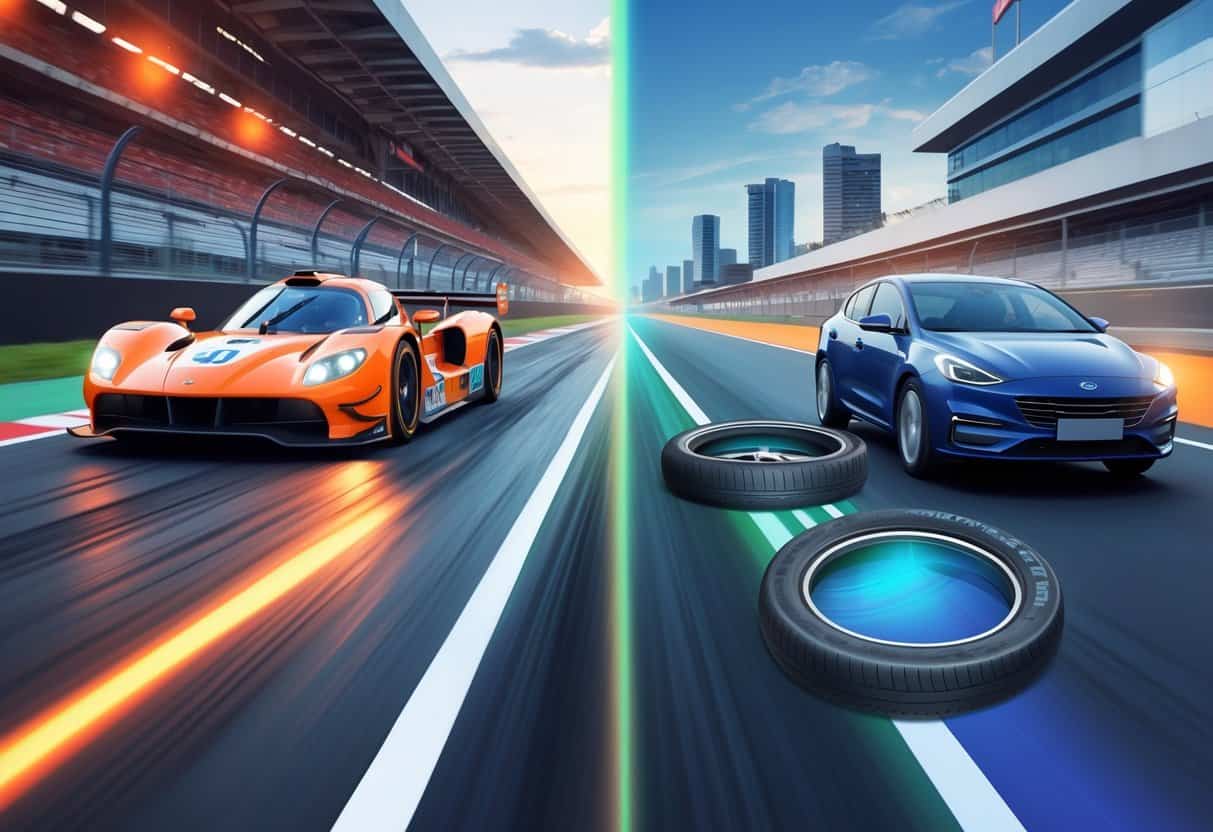 An illustration showing a race car on a track and a passenger car on a city street, highlighting differences in tire compounds affecting speed and comfort.