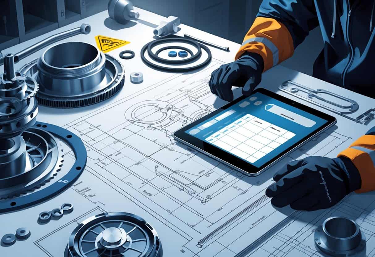 A person examining turbocharger parts and a blueprint on a desk, surrounded by mechanical components and tools, highlighting careful planning and potential issues in a turbo build project.