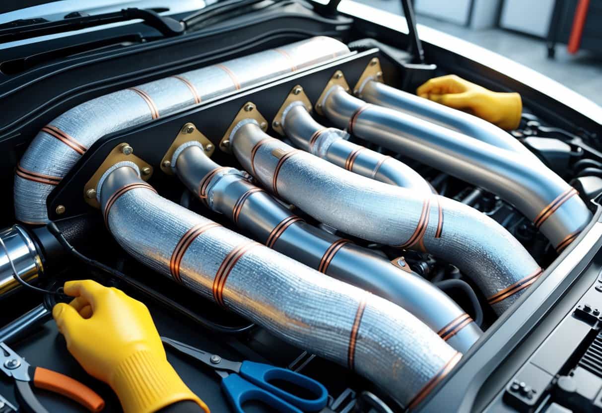 Close-up of car engine headers and downpipes being wrapped with heat-resistant material in a workshop setting.