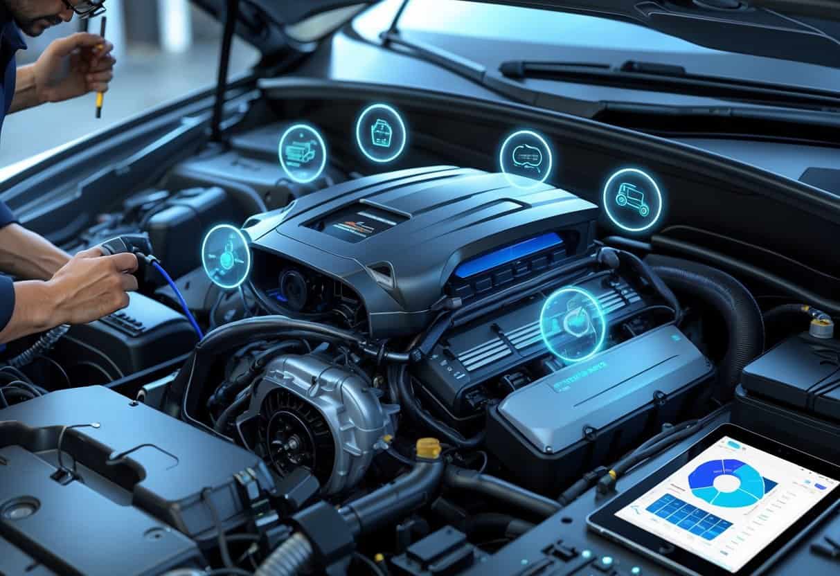 A technician installing a standalone ECU in a car engine bay with glowing icons representing improved performance and tuning benefits.