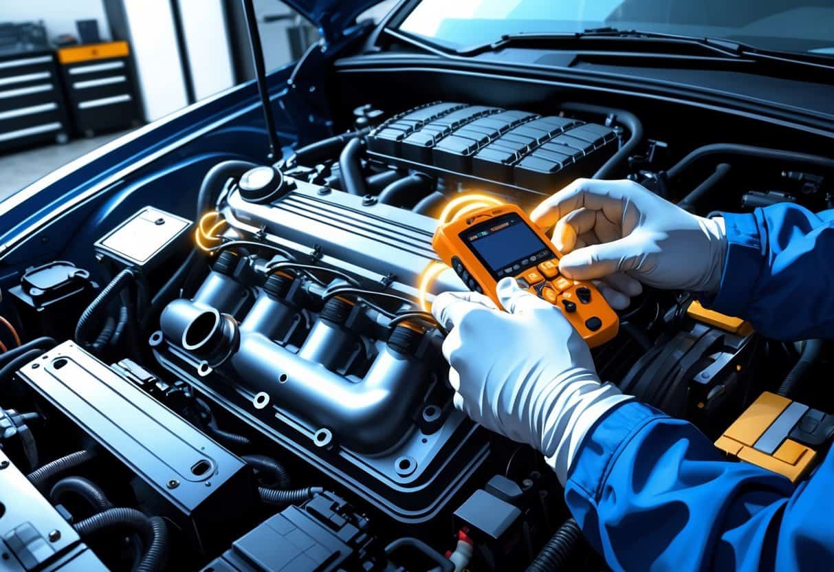 Close-up of a modified car engine with a technician using a diagnostic tool connected to the knock sensor.
