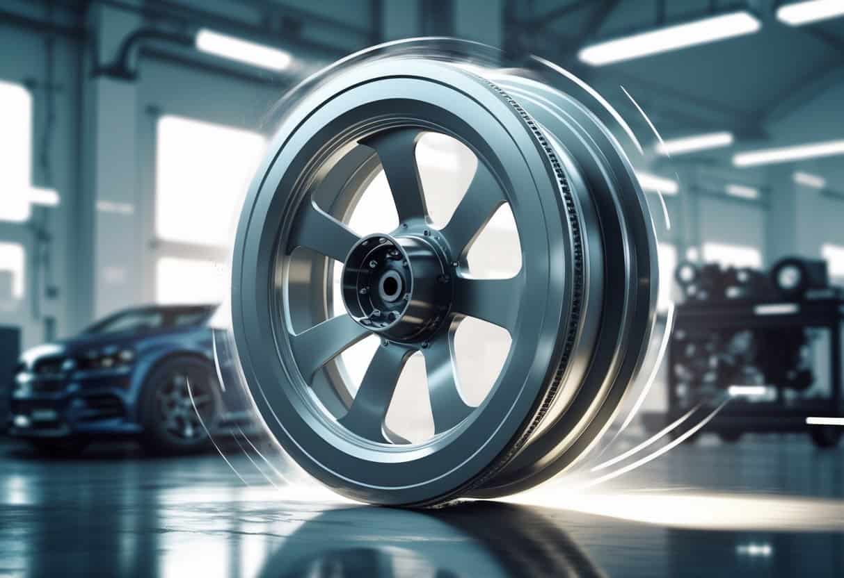A lightweight flywheel spinning rapidly in a workshop setting with engine parts in the background.