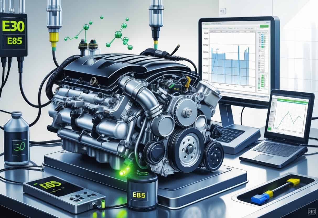A detailed illustration of a car engine connected to diagnostic equipment with digital data displays, showing the process of tuning for different ethanol fuel blends in a workshop setting.