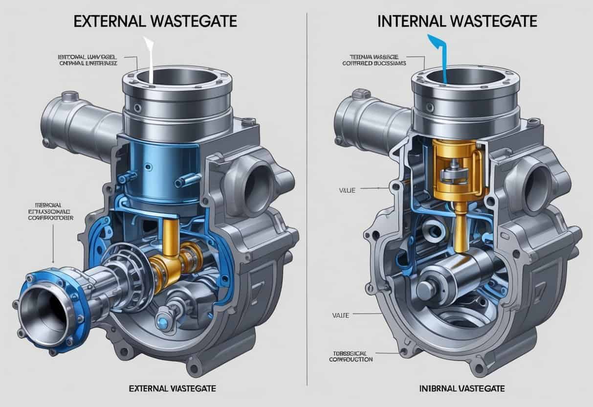 Side-by-side illustration showing an external wastegate as a separate device connected to a turbocharger and an internal wastegate integrated inside a turbocharger, with cutaway views revealing internal components and exhaust flow paths.
