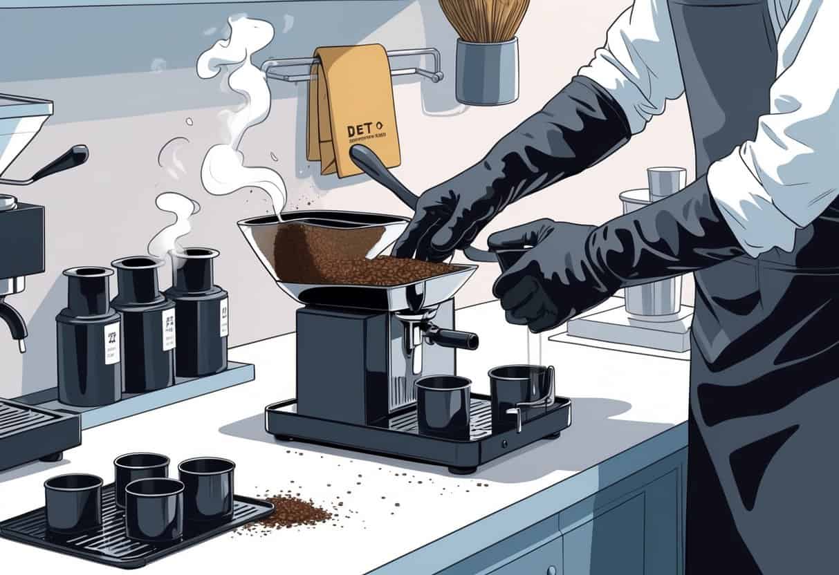 A person safely using a knock box to dispose of coffee grounds next to an espresso machine, with det cans arranged nearby on a clean countertop.