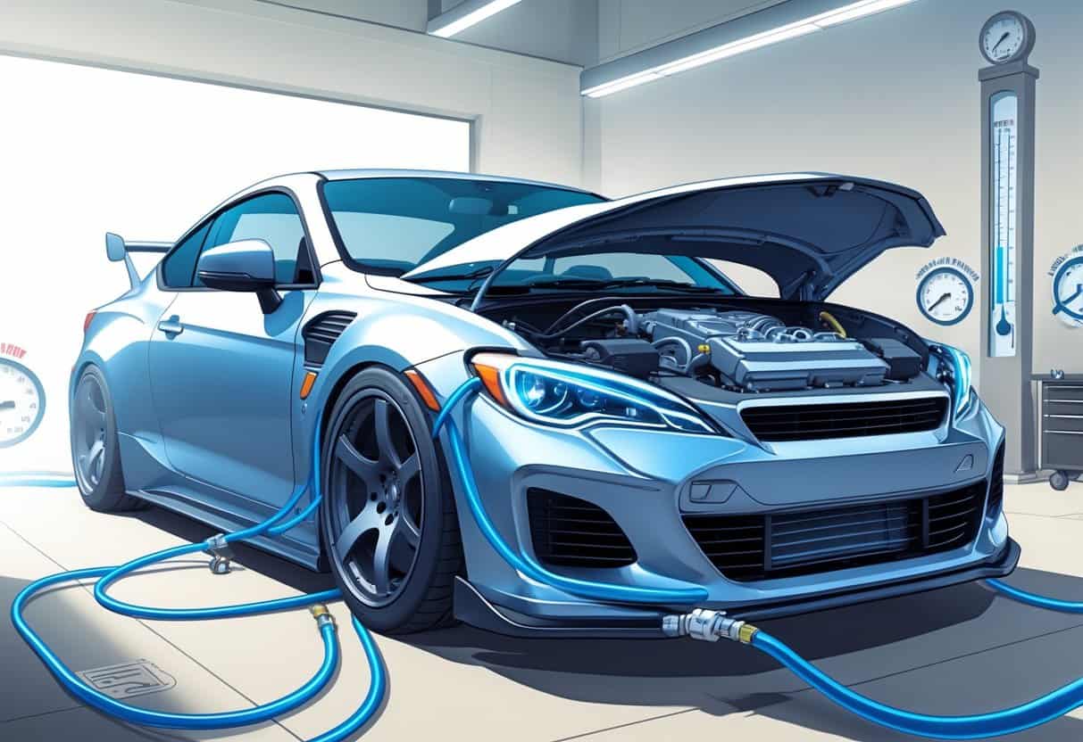A street car with its engine bay visible, showing an oil cooler connected to the engine with cooling airflow lines around it.