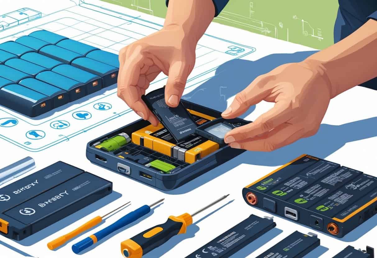 A person removing a battery from a device on a clean workspace with tools and batteries nearby.