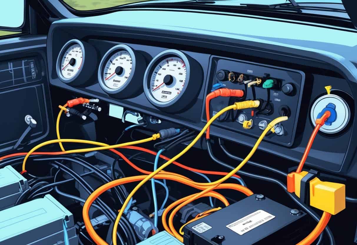 A clean and organized car dashboard with aftermarket gauges installed, showing neatly routed wires connected to a fuse box and wiring harness, with part of the engine bay and battery visible.