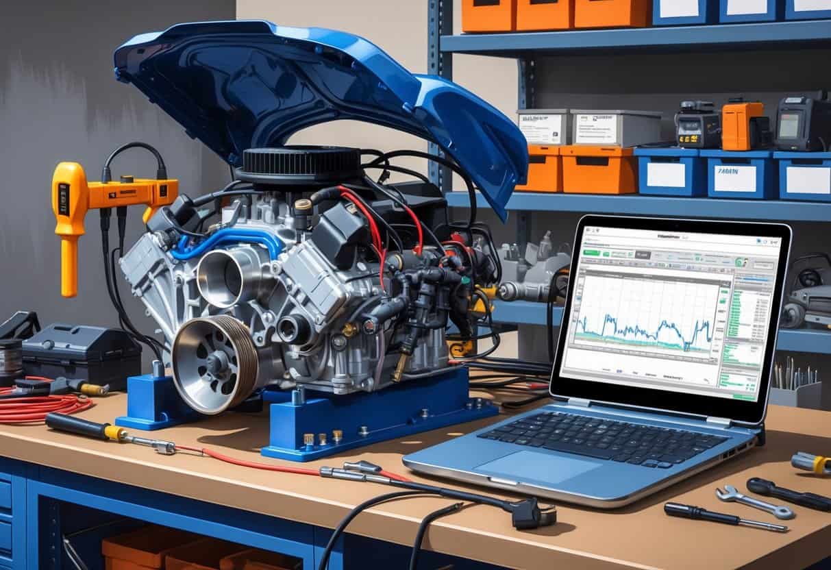 A workbench with an automotive engine and EFI components connected to a laptop, surrounded by tools and parts for tuning and learning EFI systems.