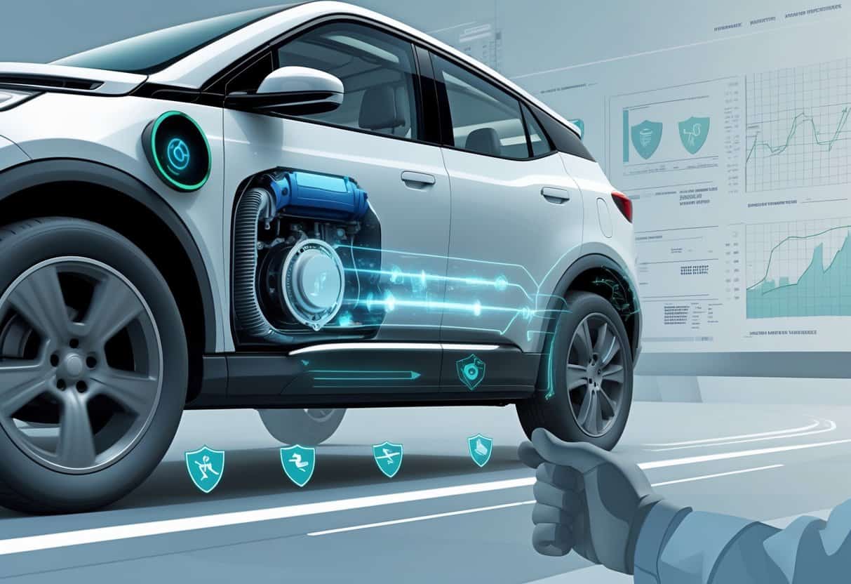 An electric vehicle braking system with highlighted energy flow from wheels to battery and safety features indicated around the car.