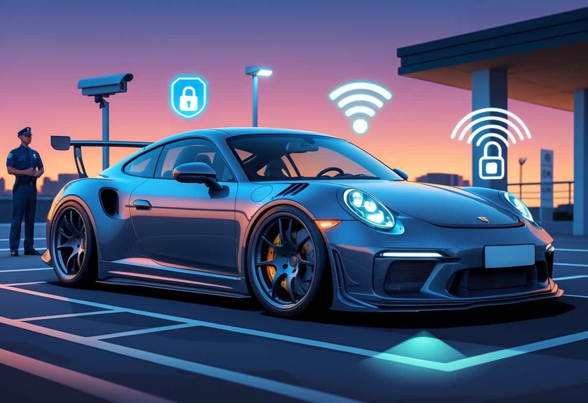 A tuned sports car parked in a secure urban area with visual icons of anti-theft devices like steering wheel lock, car alarm, GPS tracker, and a security guard nearby.